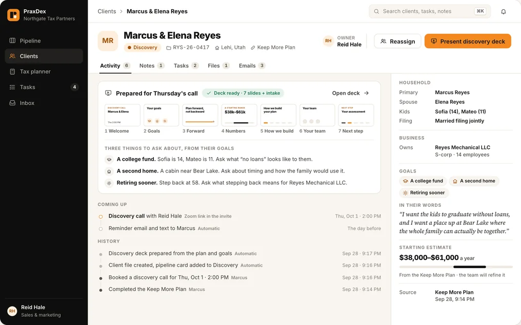 A client record prepared before the first call: a discovery deck marked ready, three talking points drawn from the family's goals, and a history showing the file, pipeline card and deck were created automatically.