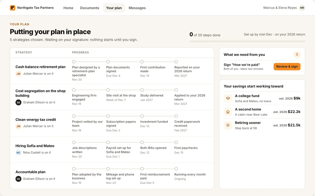 The client portal page Putting your plan in place: each chosen strategy shown as four plain steps with dates and the team member responsible, and one item waiting on the client's signature.