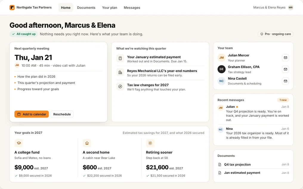The client portal home in ongoing care: the next quarterly meeting, what the team is watching this quarter, the client's team by name, recent messages, and estimated progress toward three goals.